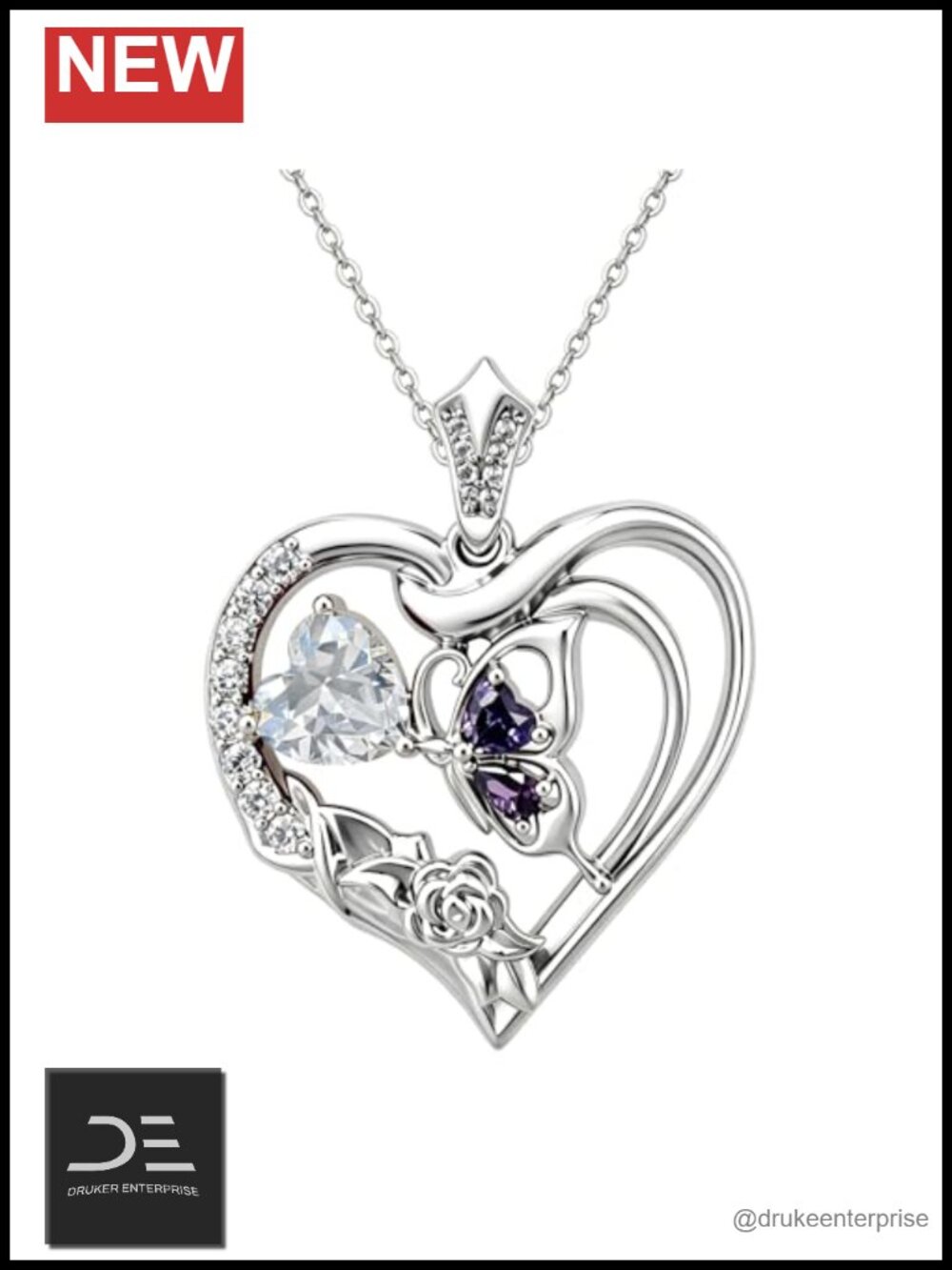 18K White Gold Plated Heart Pendant Necklace with Butterfly & Rose Crystal